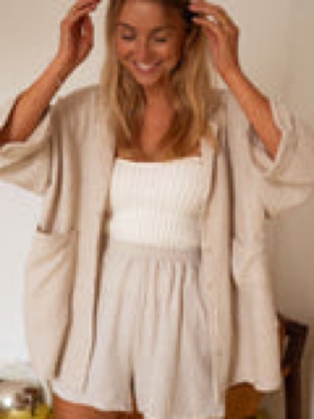 Beige Open-Front Shirt and Short Matching Set